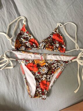 Floral Tie-Side Bikini Set - Orange, Yellow, White